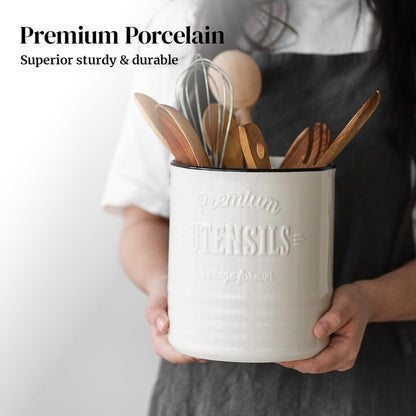 7.2″ Extra Large Kitchen Utensil Holder, Farmhouse Utensil Holder for Countertop, Ceramic Utensil Crock with Protection Cork Mat, Utensil Organizer for Kitchen Decor & Housewarming Gift, White