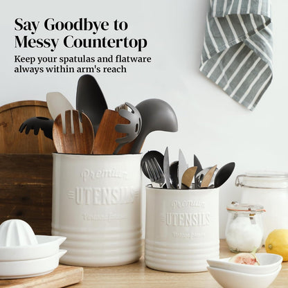 7.2″ Extra Large Kitchen Utensil Holder, Farmhouse Utensil Holder for Countertop, Ceramic Utensil Crock with Protection Cork Mat, Utensil Organizer for Kitchen Decor & Housewarming Gift, White