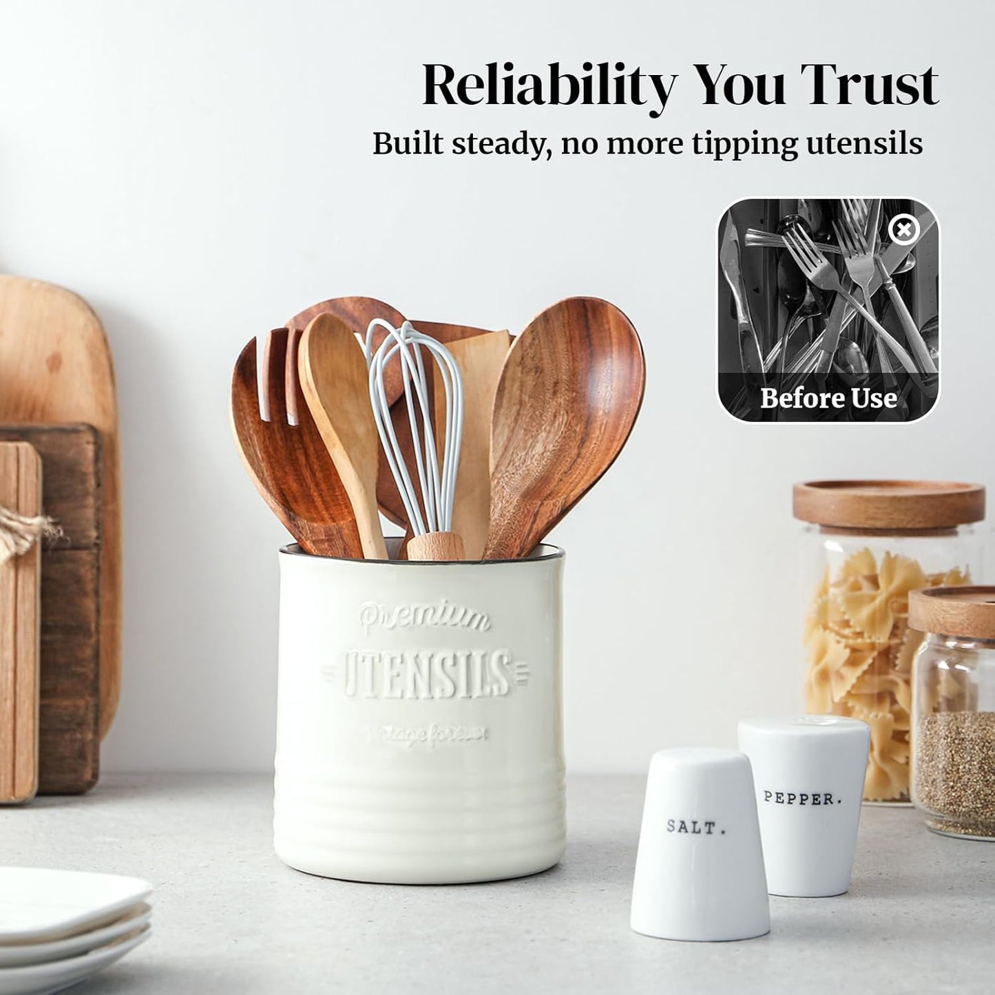 7.2″ Extra Large Kitchen Utensil Holder, Farmhouse Utensil Holder for Countertop, Ceramic Utensil Crock with Protection Cork Mat, Utensil Organizer for Kitchen Decor & Housewarming Gift, White