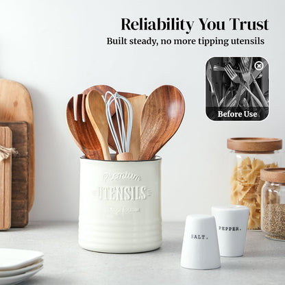 7.2″ Extra Large Kitchen Utensil Holder, Farmhouse Utensil Holder for Countertop, Ceramic Utensil Crock with Protection Cork Mat, Utensil Organizer for Kitchen Decor & Housewarming Gift, White