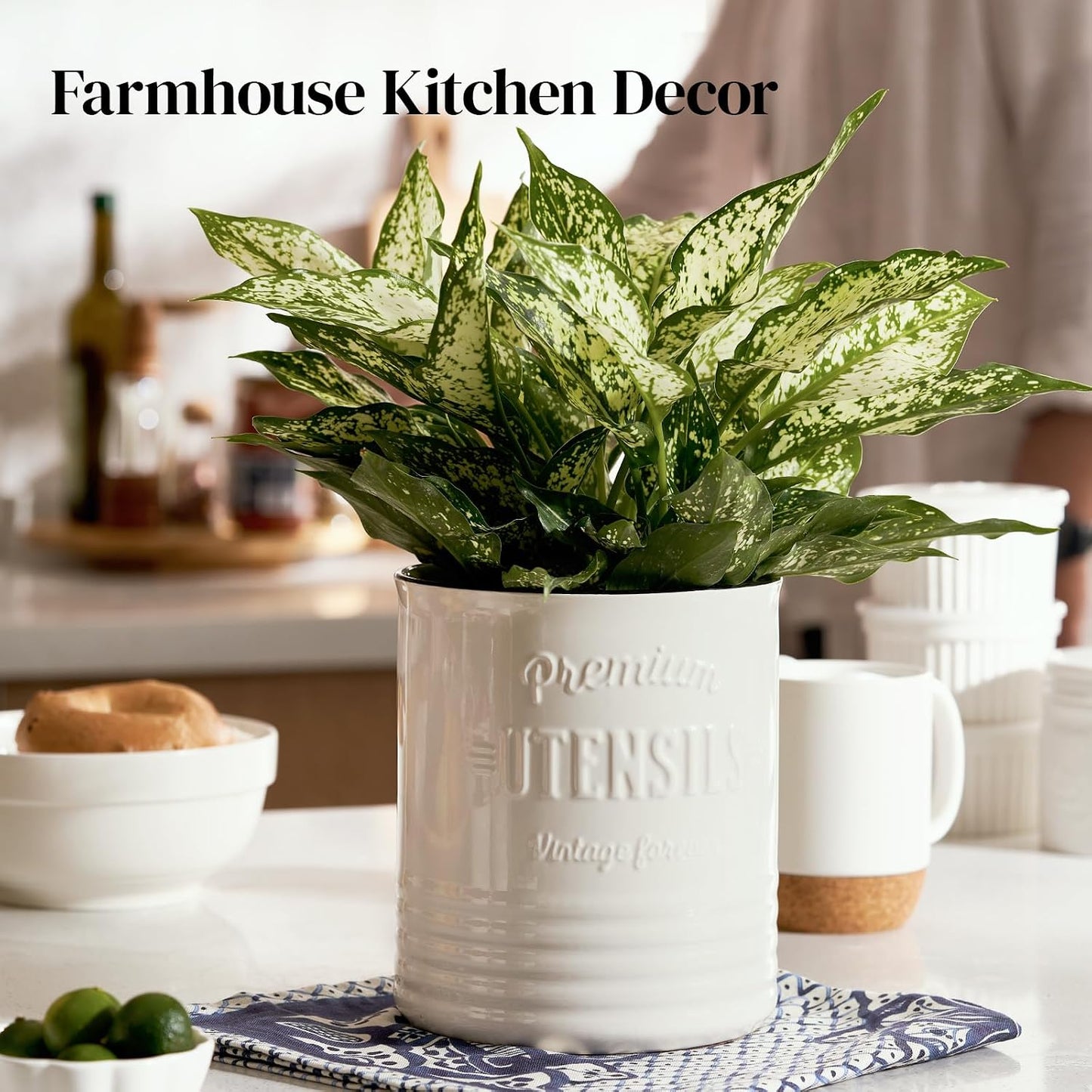 7.2″ Extra Large Kitchen Utensil Holder, Farmhouse Utensil Holder for Countertop, Ceramic Utensil Crock with Protection Cork Mat, Utensil Organizer for Kitchen Decor & Housewarming Gift, White