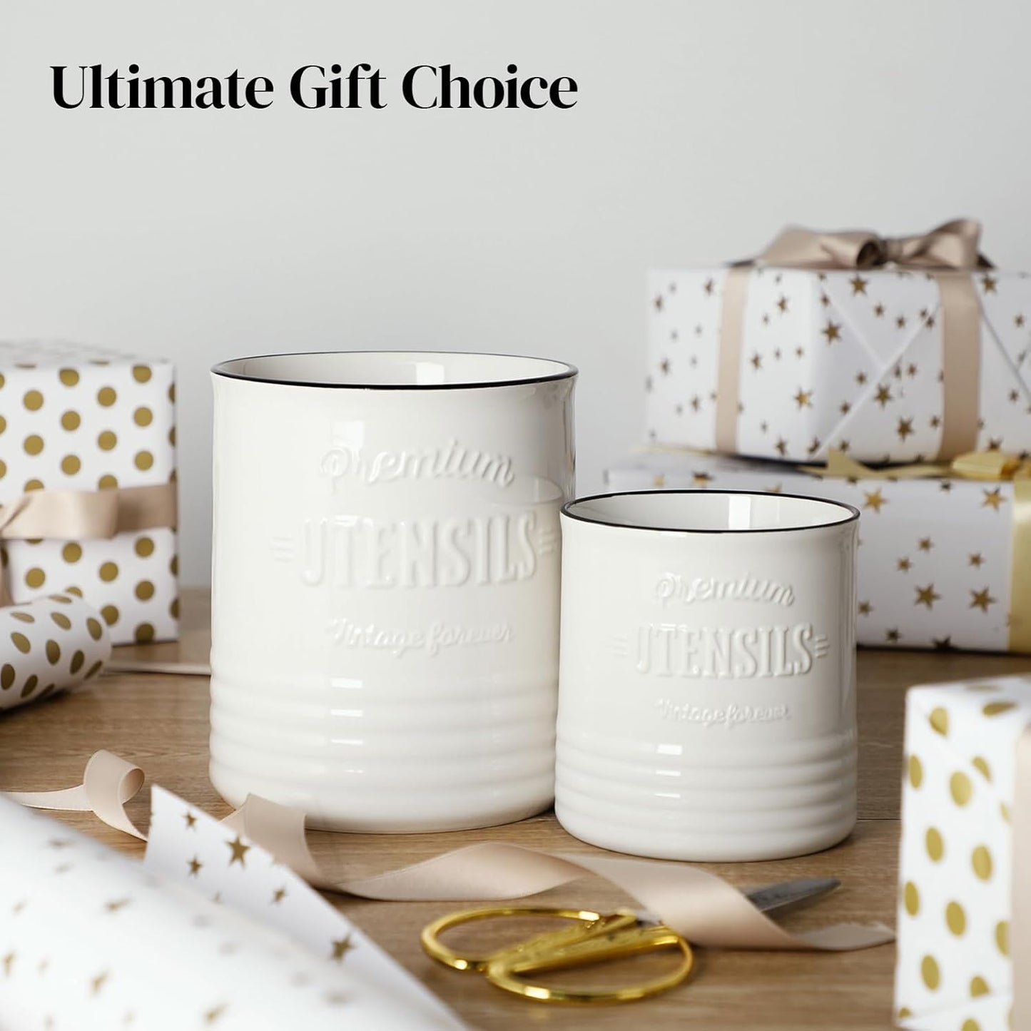 7.2″ Extra Large Kitchen Utensil Holder, Farmhouse Utensil Holder for Countertop, Ceramic Utensil Crock with Protection Cork Mat, Utensil Organizer for Kitchen Decor & Housewarming Gift, White