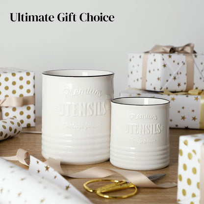 7.2″ Extra Large Kitchen Utensil Holder, Farmhouse Utensil Holder for Countertop, Ceramic Utensil Crock with Protection Cork Mat, Utensil Organizer for Kitchen Decor & Housewarming Gift, White