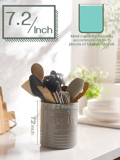 7.2″ Extra Large Kitchen Utensil Holder, Farmhouse Utensil Holder for Countertop, Ceramic Utensil Crock with Protection Cork Mat, Utensil Organizer for Kitchen Decor & Housewarming Gift, White