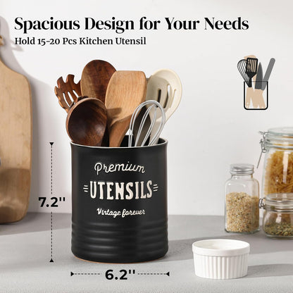 7.2″ Extra Large Kitchen Utensil Holder, Farmhouse Utensil Holder for Countertop, Ceramic Utensil Crock with Protection Cork Mat, Utensil Organizer for Kitchen Decor & Housewarming Gift, White