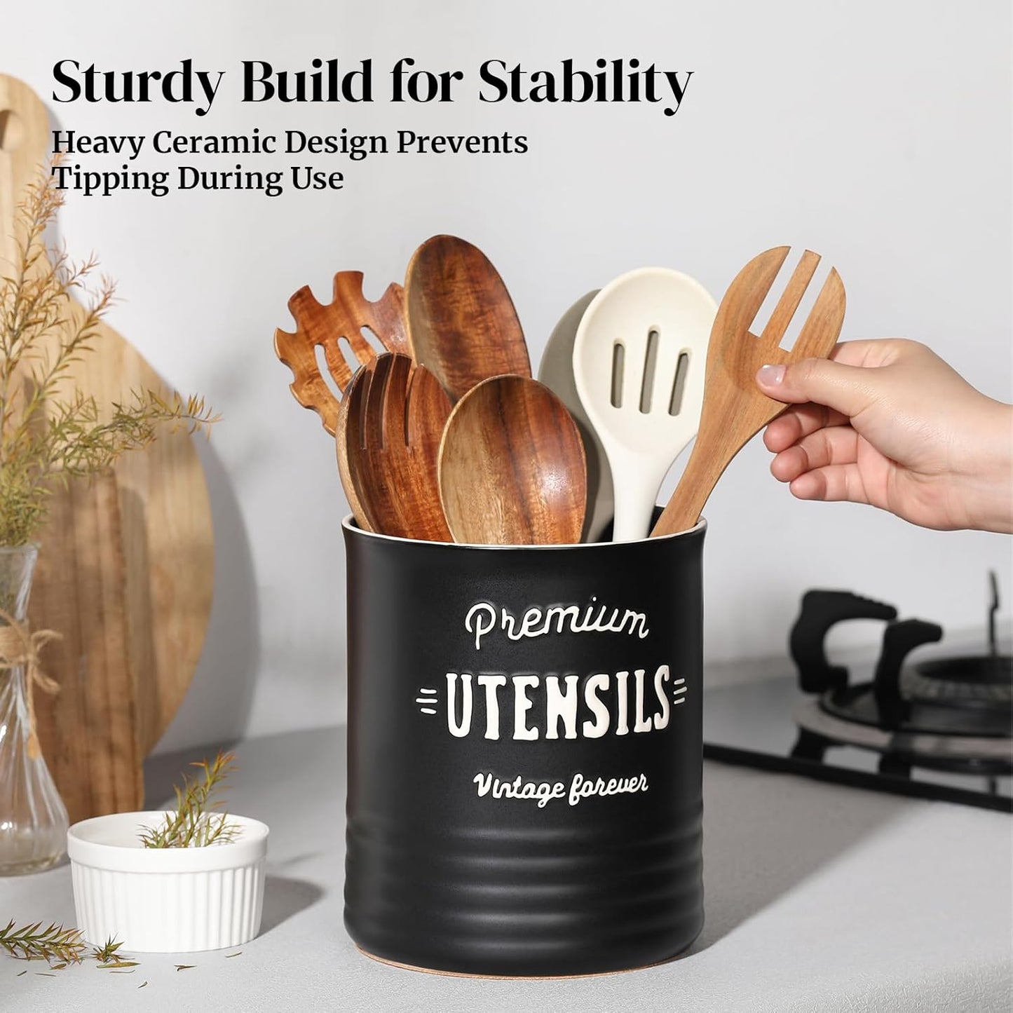 7.2″ Extra Large Kitchen Utensil Holder, Farmhouse Utensil Holder for Countertop, Ceramic Utensil Crock with Protection Cork Mat, Utensil Organizer for Kitchen Decor & Housewarming Gift, White