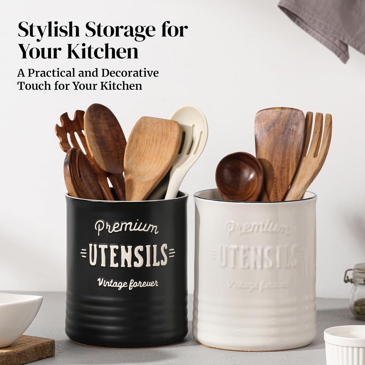 7.2″ Extra Large Kitchen Utensil Holder, Farmhouse Utensil Holder for Countertop, Ceramic Utensil Crock with Protection Cork Mat, Utensil Organizer for Kitchen Decor & Housewarming Gift, White