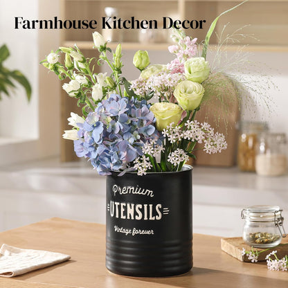 7.2″ Extra Large Kitchen Utensil Holder, Farmhouse Utensil Holder for Countertop, Ceramic Utensil Crock with Protection Cork Mat, Utensil Organizer for Kitchen Decor & Housewarming Gift, White