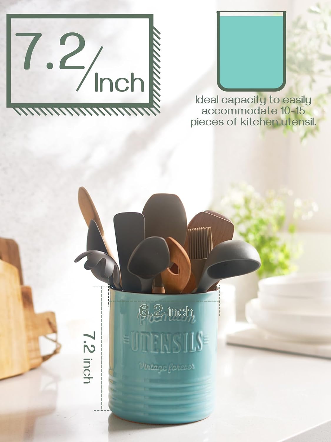 7.2″ Extra Large Kitchen Utensil Holder, Farmhouse Utensil Holder for Countertop, Ceramic Utensil Crock with Protection Cork Mat, Utensil Organizer for Kitchen Decor & Housewarming Gift, White