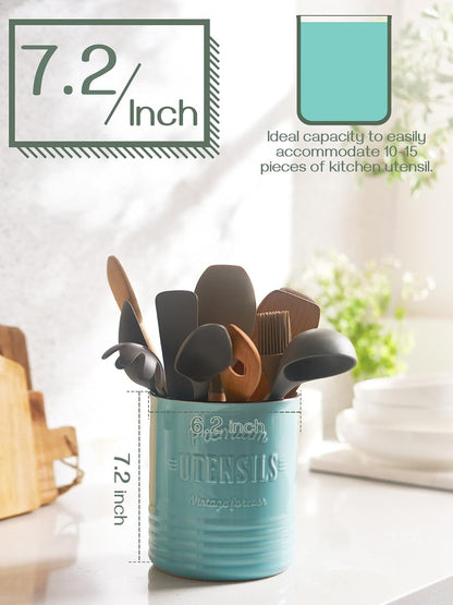 7.2″ Extra Large Kitchen Utensil Holder, Farmhouse Utensil Holder for Countertop, Ceramic Utensil Crock with Protection Cork Mat, Utensil Organizer for Kitchen Decor & Housewarming Gift, White