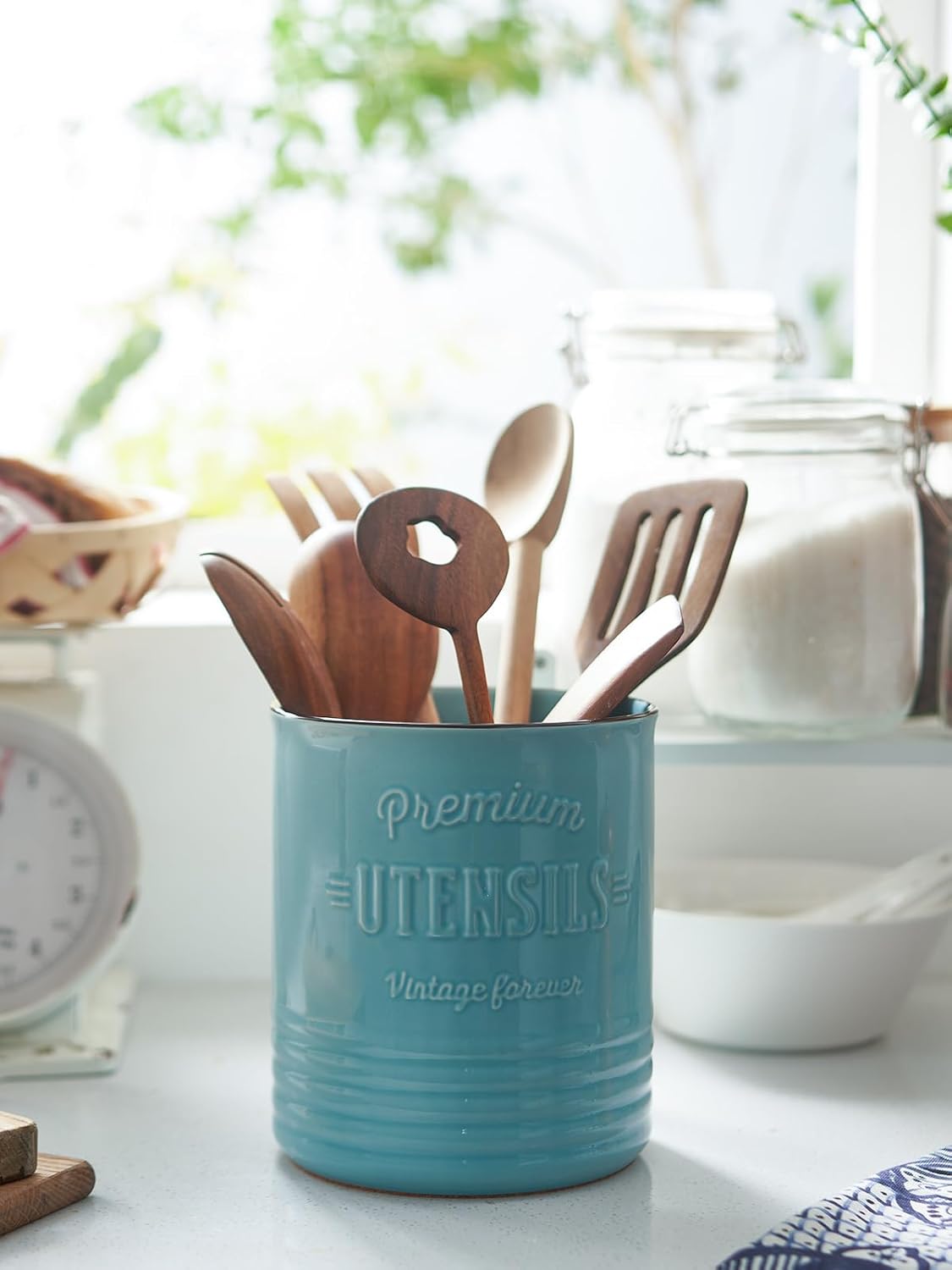7.2″ Extra Large Kitchen Utensil Holder, Farmhouse Utensil Holder for Countertop, Ceramic Utensil Crock with Protection Cork Mat, Utensil Organizer for Kitchen Decor & Housewarming Gift, White