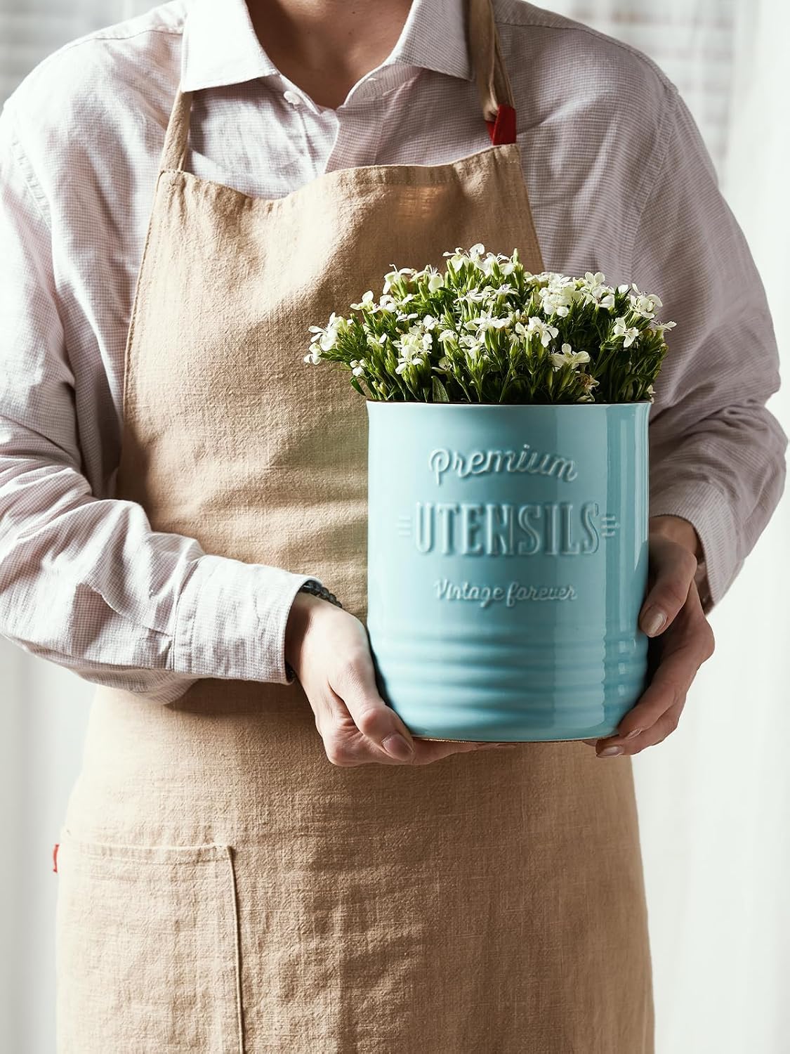 7.2″ Extra Large Kitchen Utensil Holder, Farmhouse Utensil Holder for Countertop, Ceramic Utensil Crock with Protection Cork Mat, Utensil Organizer for Kitchen Decor & Housewarming Gift, White