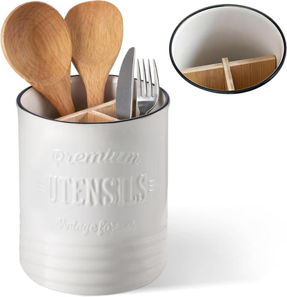 7.2″ Extra Large Kitchen Utensil Holder, Farmhouse Utensil Holder for Countertop, Ceramic Utensil Crock with Protection Cork Mat, Utensil Organizer for Kitchen Decor & Housewarming Gift, White