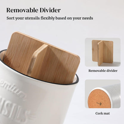 7.2″ Extra Large Kitchen Utensil Holder, Farmhouse Utensil Holder for Countertop, Ceramic Utensil Crock with Protection Cork Mat, Utensil Organizer for Kitchen Decor & Housewarming Gift, White