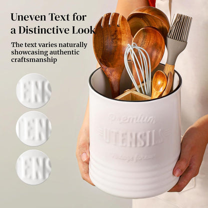 7.2″ Extra Large Kitchen Utensil Holder, Farmhouse Utensil Holder for Countertop, Ceramic Utensil Crock with Protection Cork Mat, Utensil Organizer for Kitchen Decor & Housewarming Gift, White