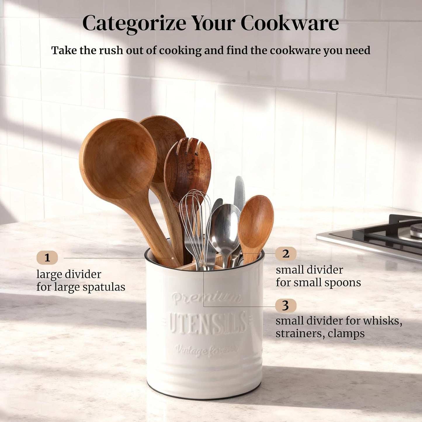 7.2″ Extra Large Kitchen Utensil Holder, Farmhouse Utensil Holder for Countertop, Ceramic Utensil Crock with Protection Cork Mat, Utensil Organizer for Kitchen Decor & Housewarming Gift, White