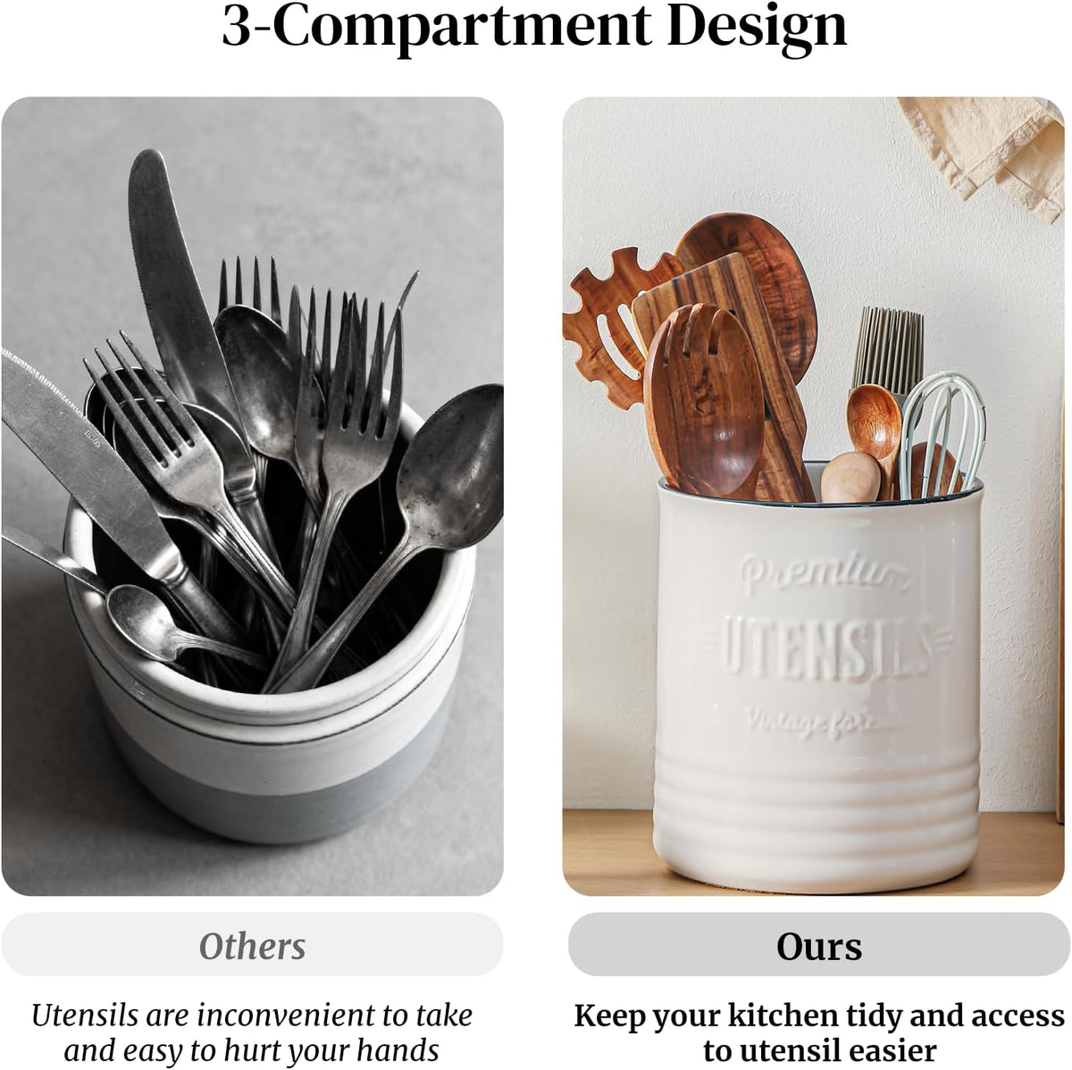 7.2″ Extra Large Kitchen Utensil Holder, Farmhouse Utensil Holder for Countertop, Ceramic Utensil Crock with Protection Cork Mat, Utensil Organizer for Kitchen Decor & Housewarming Gift, White