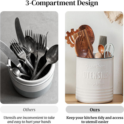 7.2″ Extra Large Kitchen Utensil Holder, Farmhouse Utensil Holder for Countertop, Ceramic Utensil Crock with Protection Cork Mat, Utensil Organizer for Kitchen Decor & Housewarming Gift, White