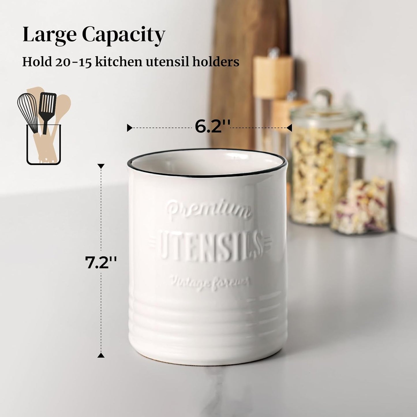 7.2″ Extra Large Kitchen Utensil Holder, Farmhouse Utensil Holder for Countertop, Ceramic Utensil Crock with Protection Cork Mat, Utensil Organizer for Kitchen Decor & Housewarming Gift, White