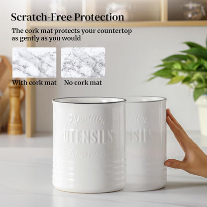 7.2″ Extra Large Kitchen Utensil Holder, Farmhouse Utensil Holder for Countertop, Ceramic Utensil Crock with Protection Cork Mat, Utensil Organizer for Kitchen Decor & Housewarming Gift, White