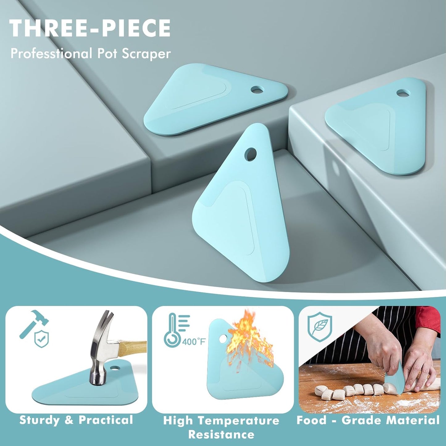 Food Scraper, 2-in-1 Pot and Pan Dish Scraper, Nylon and Silicone, Kitchen Scraper Tools for Cast Iron Skillets, Cookware, Dishes, Pans and Pots, Heat Resistant, Set of 3 - Blue