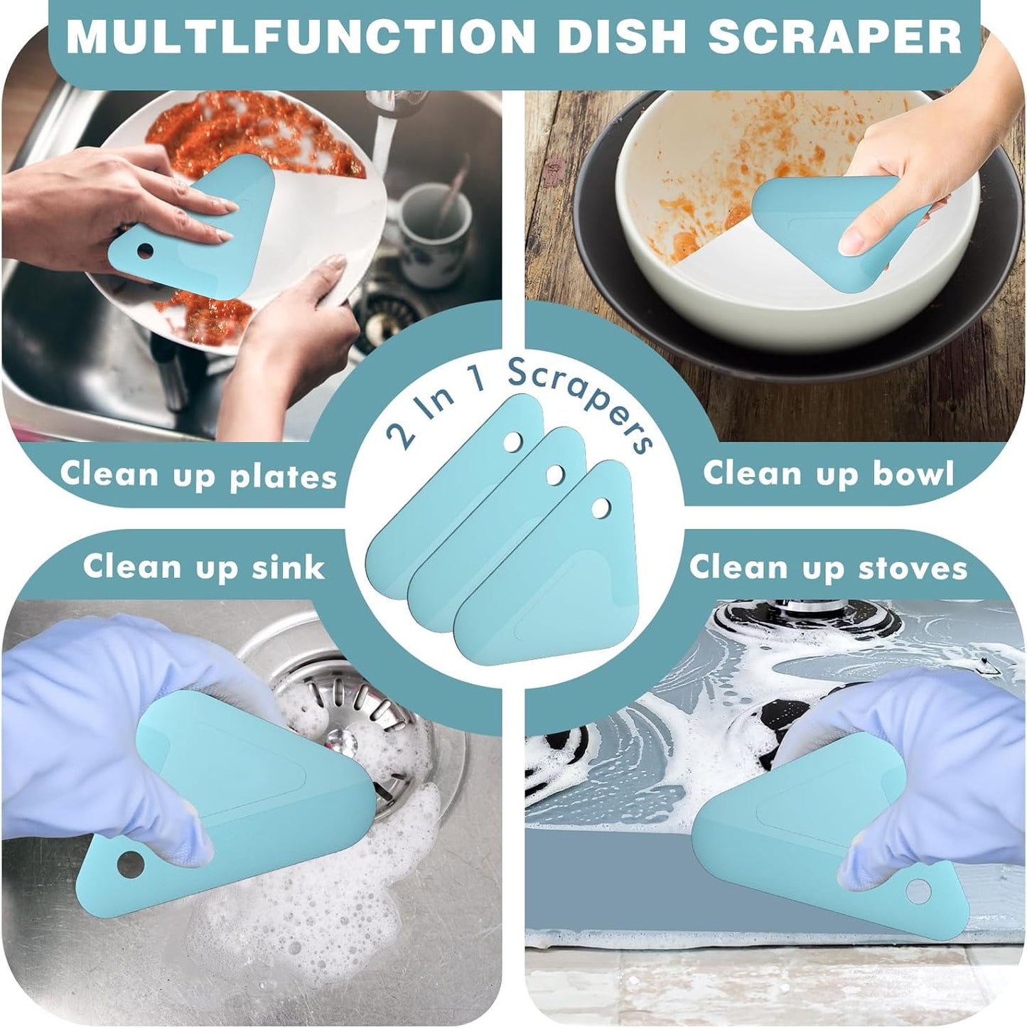 Food Scraper, 2-in-1 Pot and Pan Dish Scraper, Nylon and Silicone, Kitchen Scraper Tools for Cast Iron Skillets, Cookware, Dishes, Pans and Pots, Heat Resistant, Set of 3 - Blue
