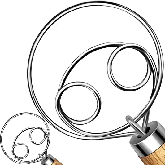 2Pack Danish Dough Whisk - Dough Whisk/Bread Whisk Sourdough Bread Baking Supplies for Cake Bread Pizza Pastry Biscuits, Wooden Hand Stainless Steel Ring Sourdough Baking Dough Mixer