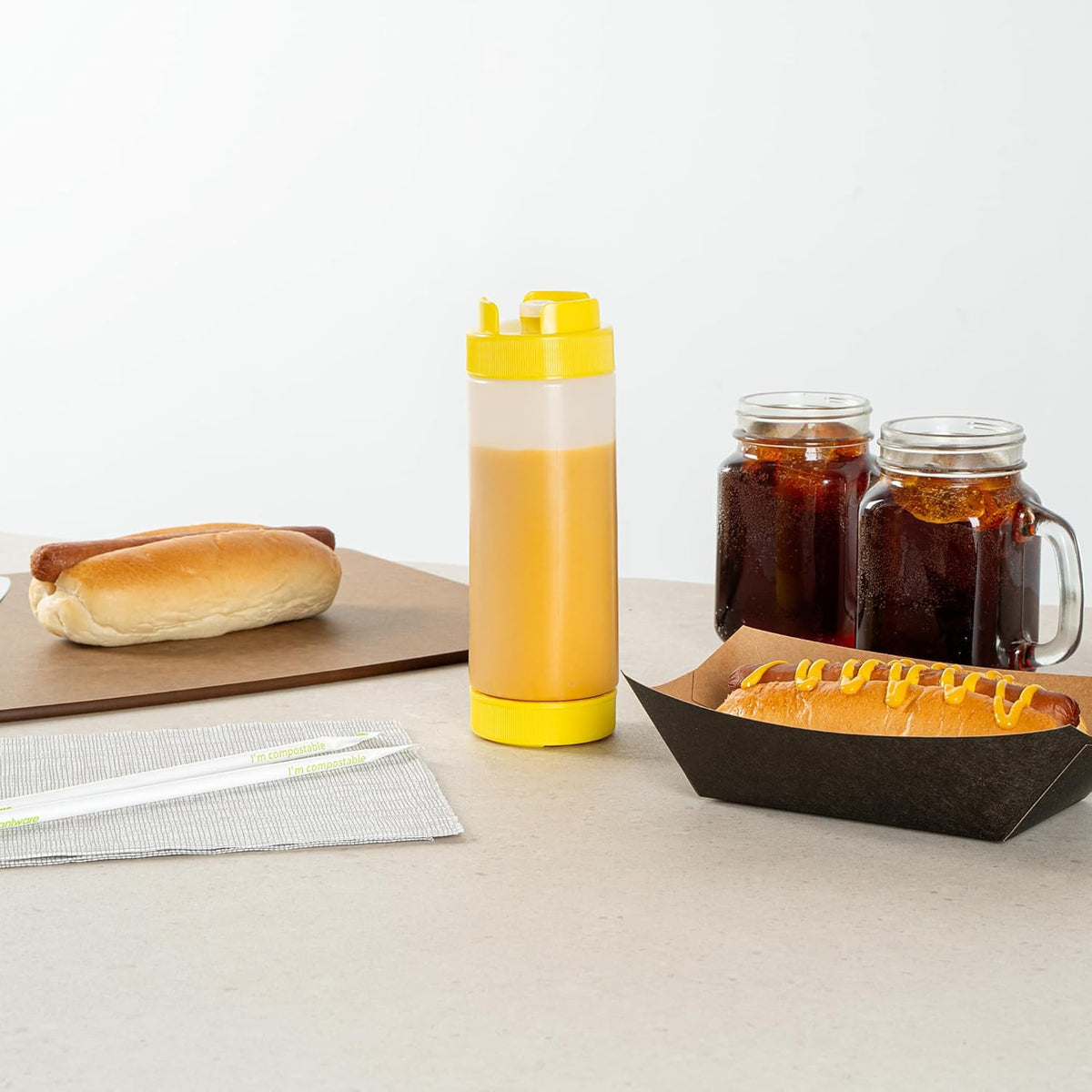 Plastic Squeeze Bottle 20 oz Refillable Condiment Bottle Large Valve Dishwashable Yellow Inverted Sauce Dispenser For Thick Condiments, Dressings, Batter, Sour Cream, And Syrups