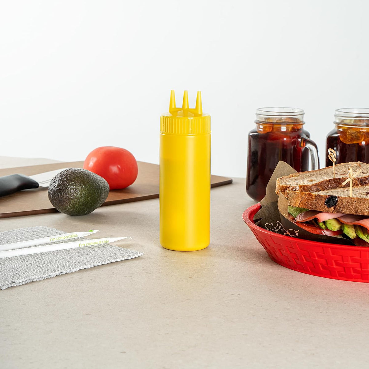 Plastic Squeeze Bottle 20 oz Refillable Condiment Bottle Large Valve Dishwashable Yellow Inverted Sauce Dispenser For Thick Condiments, Dressings, Batter, Sour Cream, And Syrups