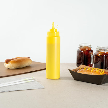 Plastic Squeeze Bottle 20 oz Refillable Condiment Bottle Large Valve Dishwashable Yellow Inverted Sauce Dispenser For Thick Condiments, Dressings, Batter, Sour Cream, And Syrups