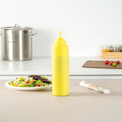 Plastic Squeeze Bottle 20 oz Refillable Condiment Bottle Large Valve Dishwashable Yellow Inverted Sauce Dispenser For Thick Condiments, Dressings, Batter, Sour Cream, And Syrups