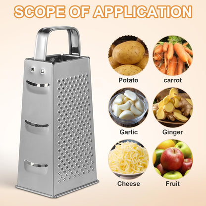 Stainless Steel Kitchen Grater 4-Side Multi-Use Vegetable Slicer Shredder 7.99X3.58X2.59In for Cheese Garlic Carrots and More