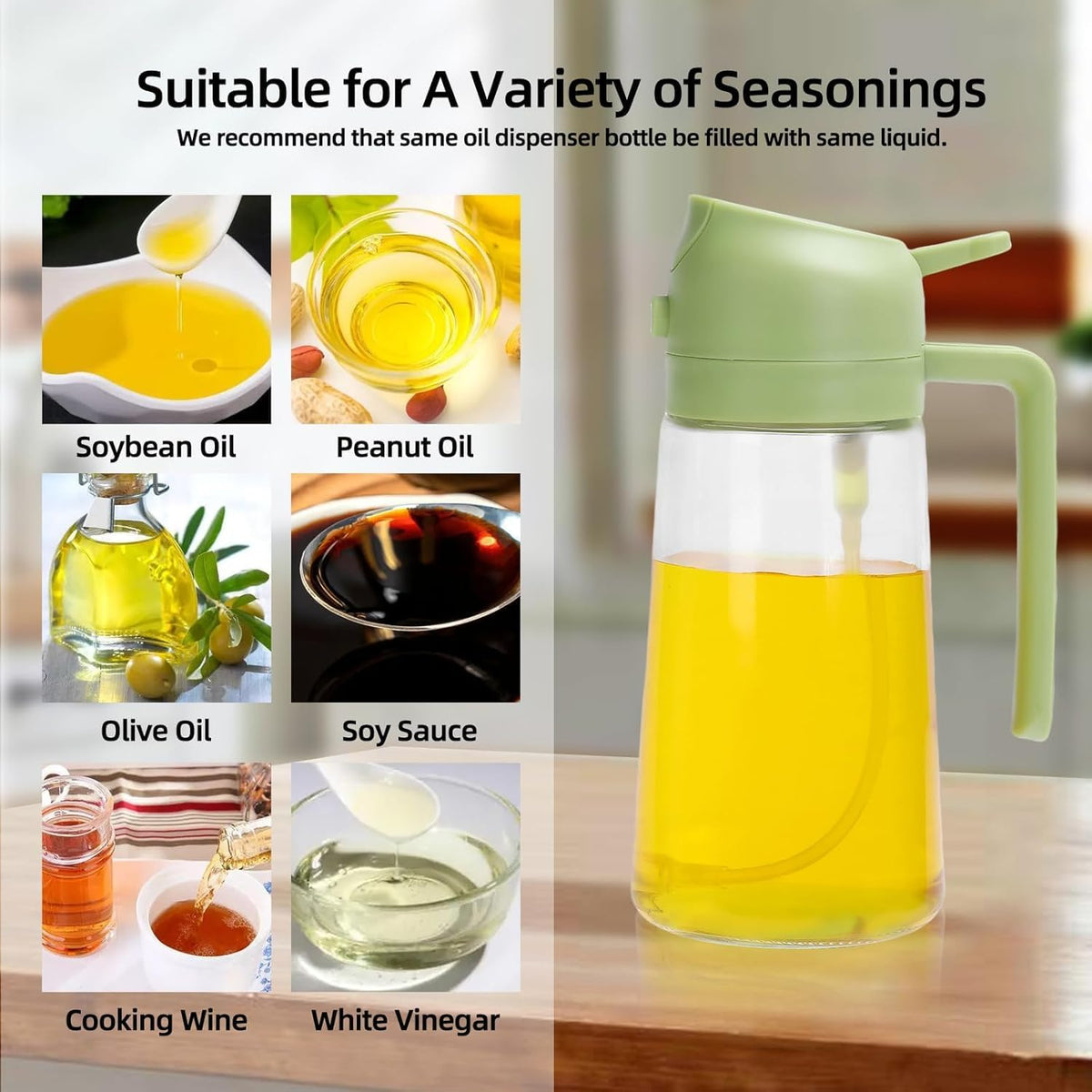 16oz/470ml Olive Oil Dispenser Bottle for Kitchen Gadgets and Air Fryer Accessories - Olive Oil Sprayer for Cooking - Light-Blocking Dark Green