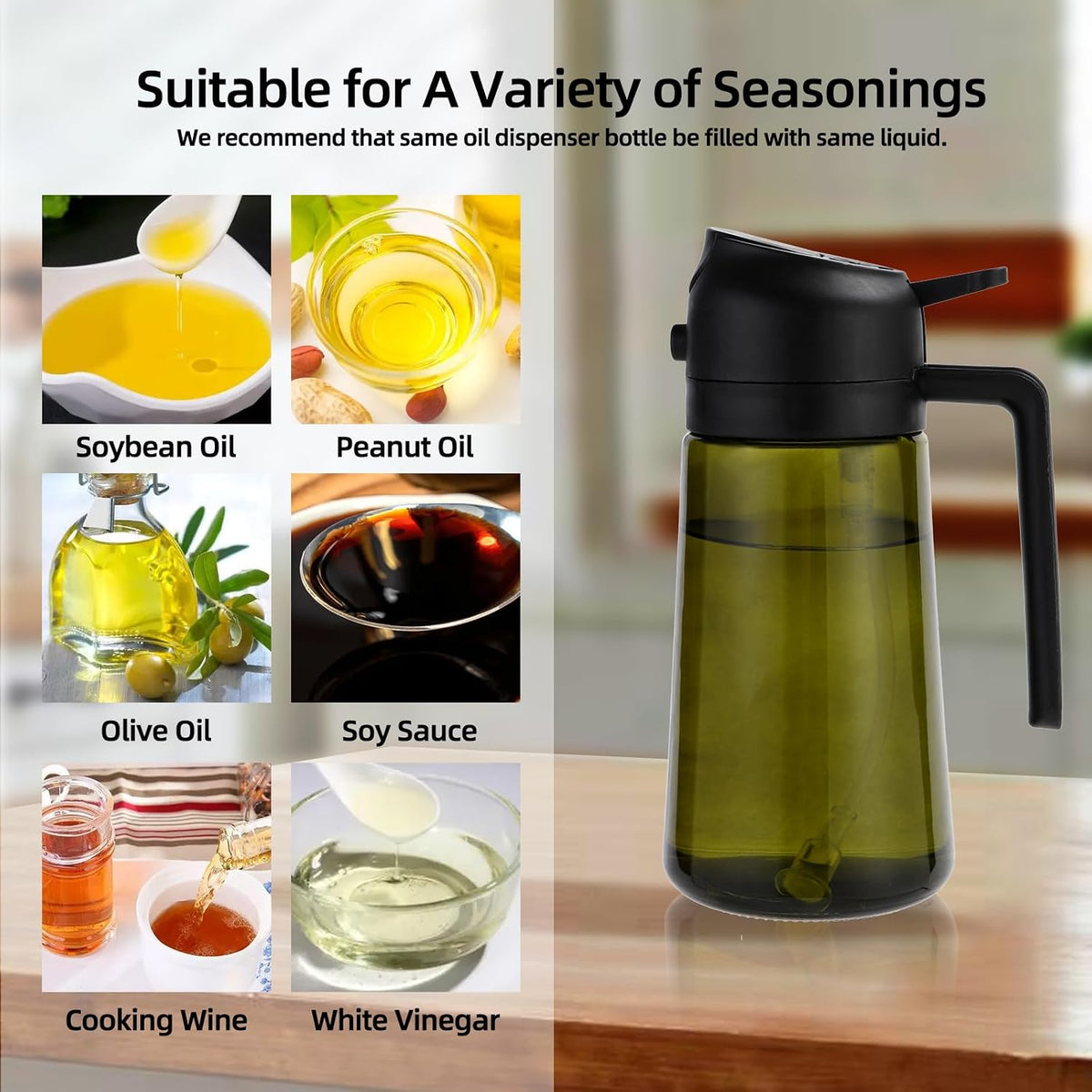 16oz/470ml Olive Oil Dispenser Bottle for Kitchen Gadgets and Air Fryer Accessories - Olive Oil Sprayer for Cooking - Light-Blocking Dark Green
