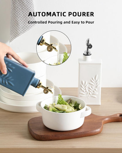 Sweejar Ceramic Olive Oil Dispenser Bottle for Kitchen, 17 Oz Relief Opaque Oil and Vinegar Dispenser Bottle with Spout, Suitable for Soy Sauce, Coffee Syrup, Liquids (Fogblue)