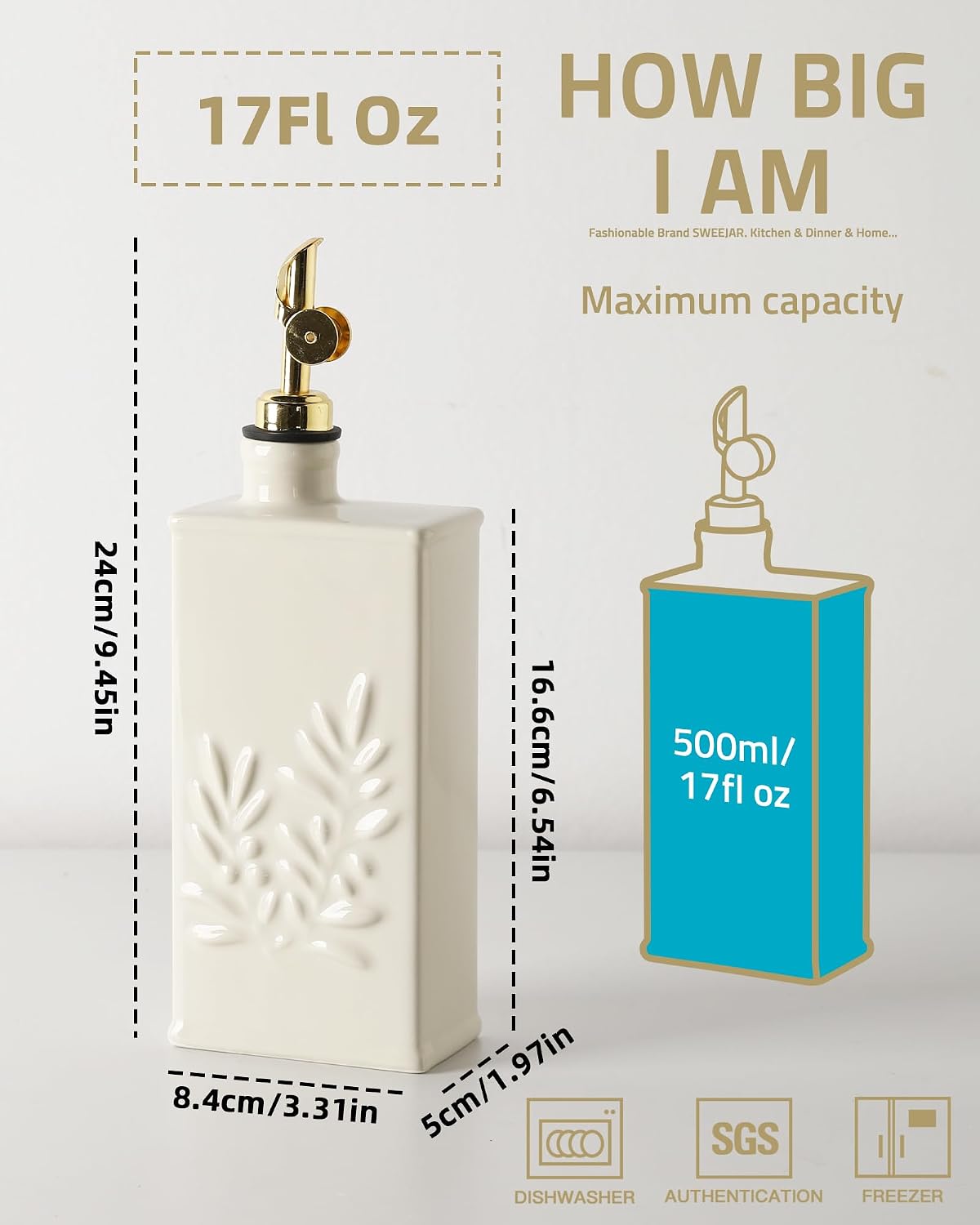 Sweejar Ceramic Olive Oil Dispenser Bottle for Kitchen, 17 Oz Relief Opaque Oil and Vinegar Dispenser Bottle with Spout, Suitable for Soy Sauce, Coffee Syrup, Liquids (Fogblue)