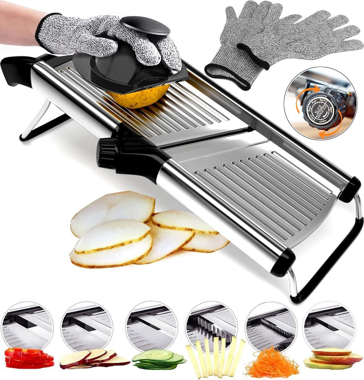 Stainless Steel Mandoline Slicer for Kitchen – 6-Setting Adjustable, 16.5 x 5 In. Platform, Hand Guard, Cut-Resistant Gloves – Vegetable Chopper, Meat Slicer, Cheese Slicer