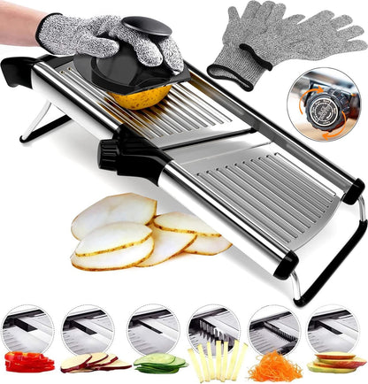 Stainless Steel Mandoline Slicer for Kitchen – 6-Setting Adjustable, 16.5 x 5 In. Platform, Hand Guard, Cut-Resistant Gloves – Vegetable Chopper, Meat Slicer, Cheese Slicer
