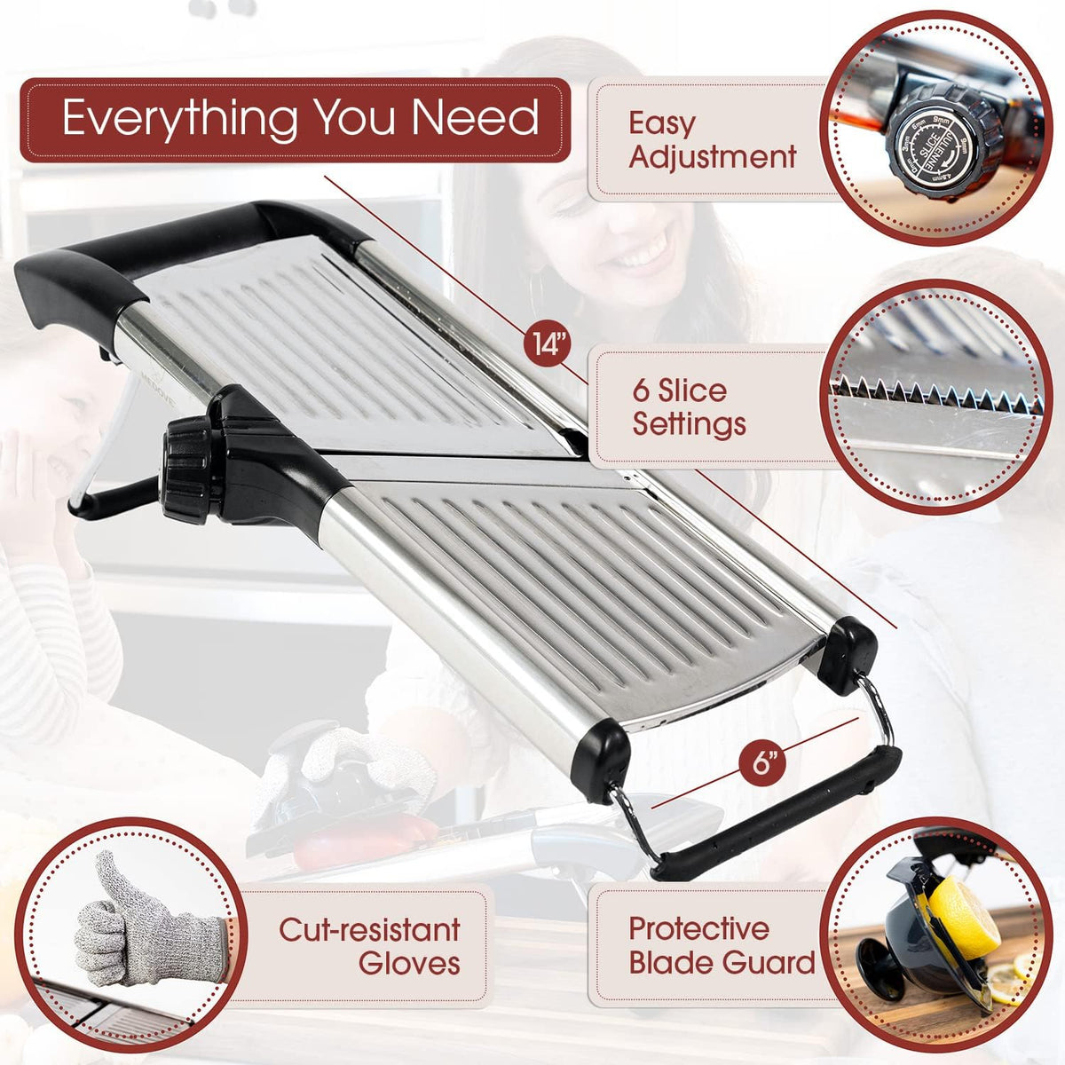 Stainless Steel Mandoline Slicer for Kitchen – 6-Setting Adjustable, 16.5 x 5 In. Platform, Hand Guard, Cut-Resistant Gloves – Vegetable Chopper, Meat Slicer, Cheese Slicer