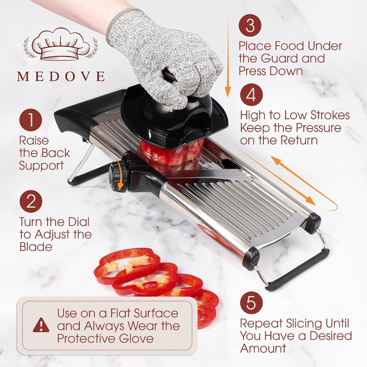 Stainless Steel Mandoline Slicer for Kitchen – 6-Setting Adjustable, 16.5 x 5 In. Platform, Hand Guard, Cut-Resistant Gloves – Vegetable Chopper, Meat Slicer, Cheese Slicer