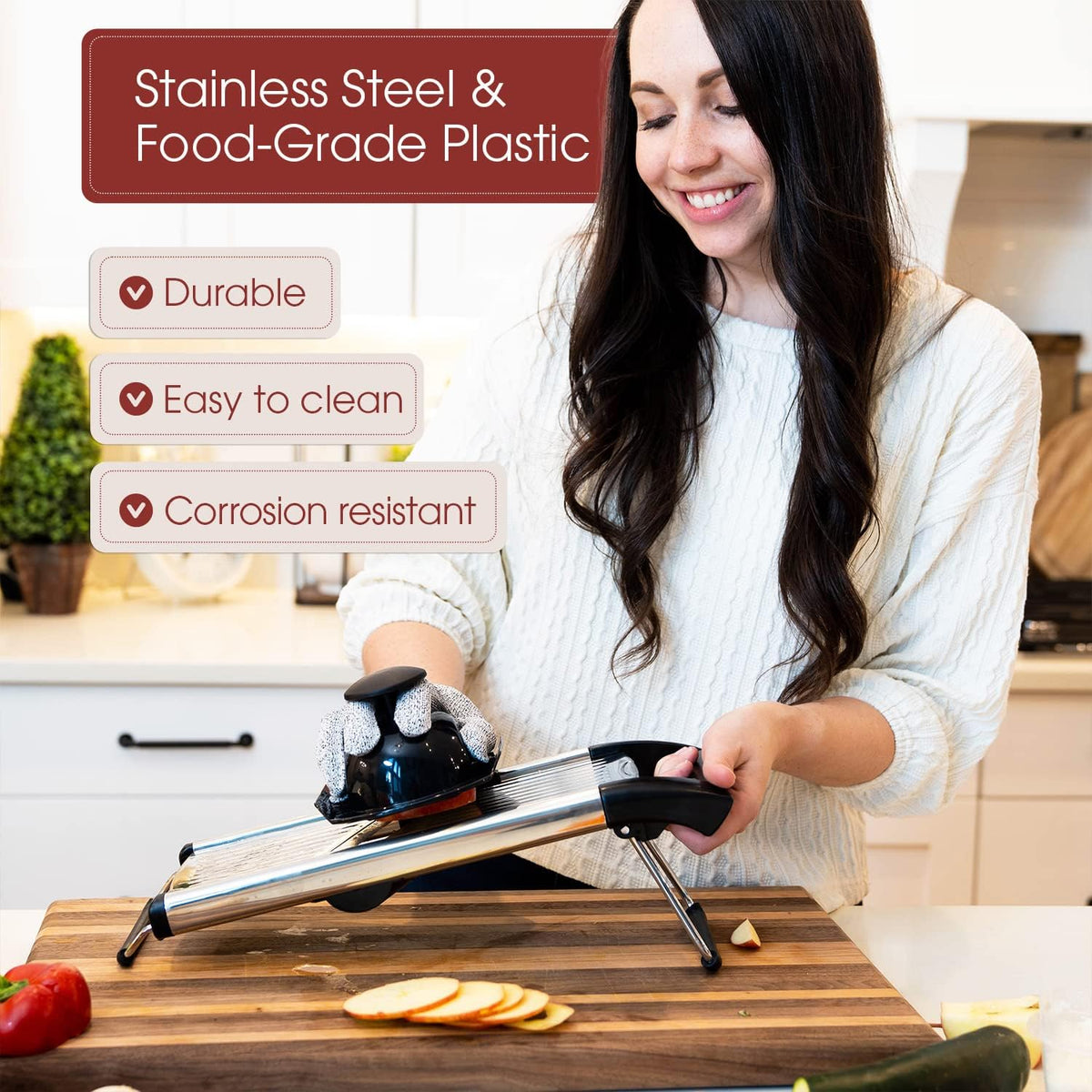 Stainless Steel Mandoline Slicer for Kitchen – 6-Setting Adjustable, 16.5 x 5 In. Platform, Hand Guard, Cut-Resistant Gloves – Vegetable Chopper, Meat Slicer, Cheese Slicer