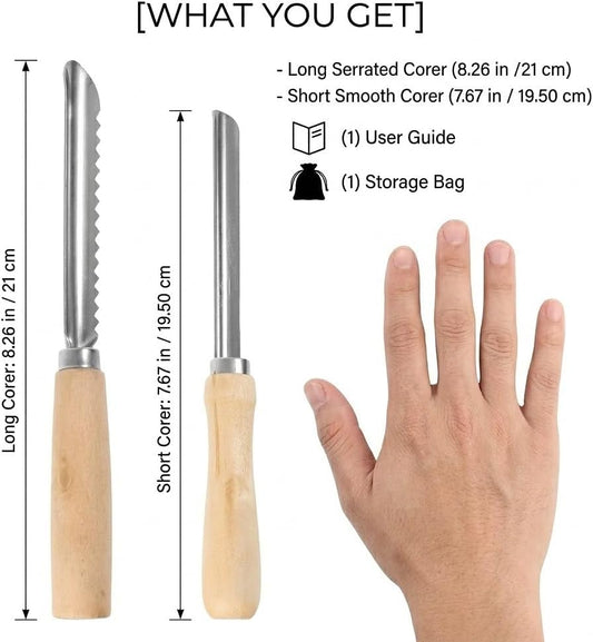 2-Piece Stainless Steel Jalapeno Corer & Zucchini Corer Tool Set - Heavy Duty Pepper Core Remover with Serrated & Smooth Blades - Multi-Use Vegetable & Fruit Pitter for Pear, Cherry, Jujube