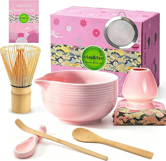 Clay&Fire Matcha Whisk set, 9 pcs Handcrafted Matcha Set for Beginner | Matcha Bowl with Spout and Whisk, Matcha Tea Kit for Matcha Lovers, Ideal Gift for Friend (Light pink)