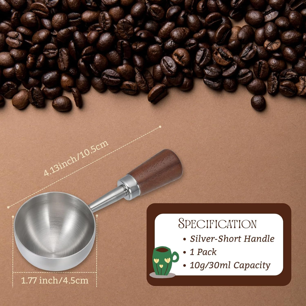 Vintage Coffee Scoop 10g/30ml Capacity Retro 304 Stainless Steel Coffee Measuring Spoon Walnut Wooden Handle Coffee Scoop Kitchen Utensil for Measuring Scooping Tea Coffee Spices (Short Handle)