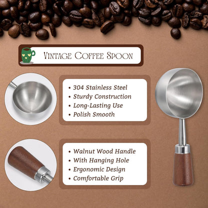 Vintage Coffee Scoop 10g/30ml Capacity Retro 304 Stainless Steel Coffee Measuring Spoon Walnut Wooden Handle Coffee Scoop Kitchen Utensil for Measuring Scooping Tea Coffee Spices (Short Handle)