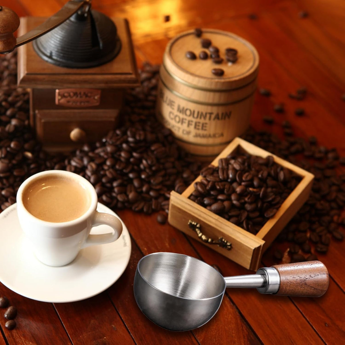Vintage Coffee Scoop 10g/30ml Capacity Retro 304 Stainless Steel Coffee Measuring Spoon Walnut Wooden Handle Coffee Scoop Kitchen Utensil for Measuring Scooping Tea Coffee Spices (Short Handle)