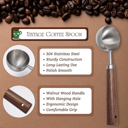 Vintage Coffee Scoop 10g/30ml Capacity Retro 304 Stainless Steel Coffee Measuring Spoon Walnut Wooden Handle Coffee Scoop Kitchen Utensil for Measuring Scooping Tea Coffee Spices (Short Handle)
