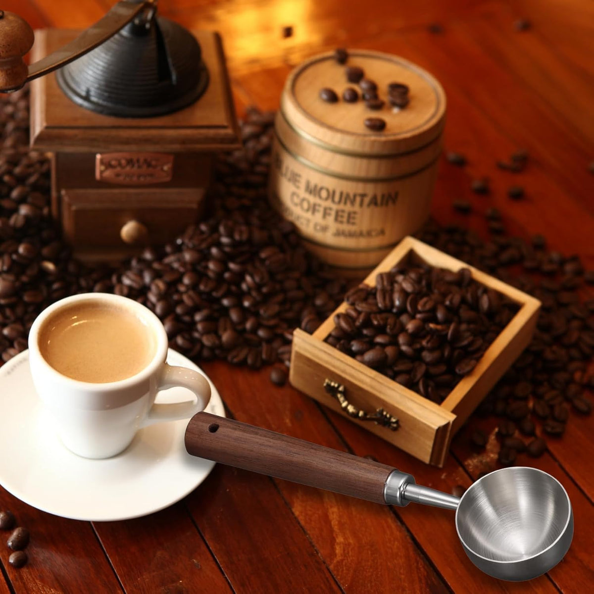 Vintage Coffee Scoop 10g/30ml Capacity Retro 304 Stainless Steel Coffee Measuring Spoon Walnut Wooden Handle Coffee Scoop Kitchen Utensil for Measuring Scooping Tea Coffee Spices (Short Handle)