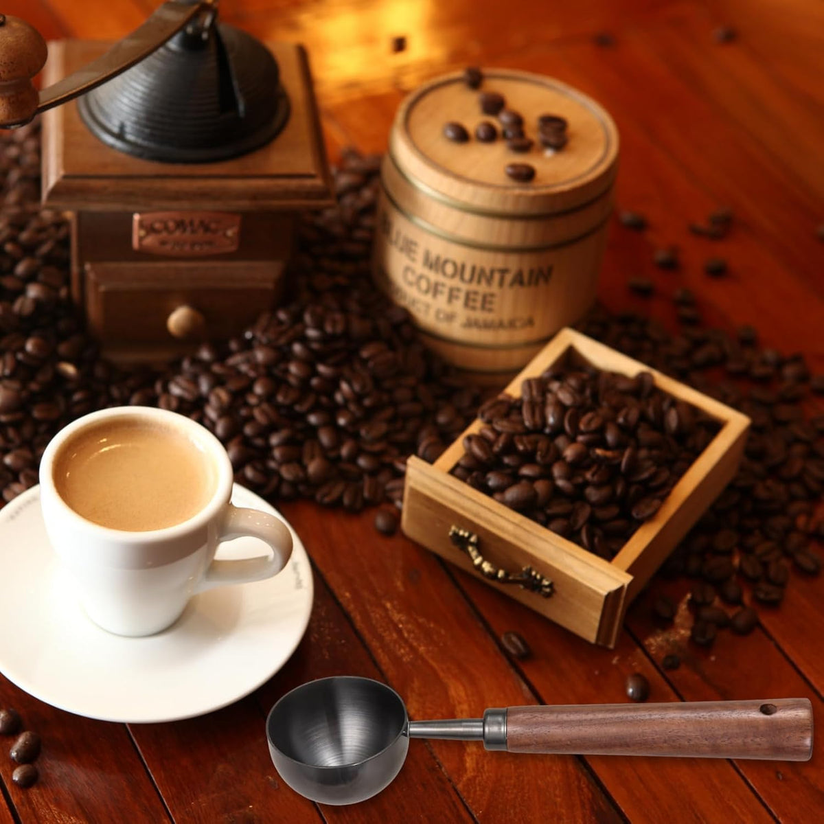 Vintage Coffee Scoop 10g/30ml Capacity Retro 304 Stainless Steel Coffee Measuring Spoon Walnut Wooden Handle Coffee Scoop Kitchen Utensil for Measuring Scooping Tea Coffee Spices (Short Handle)