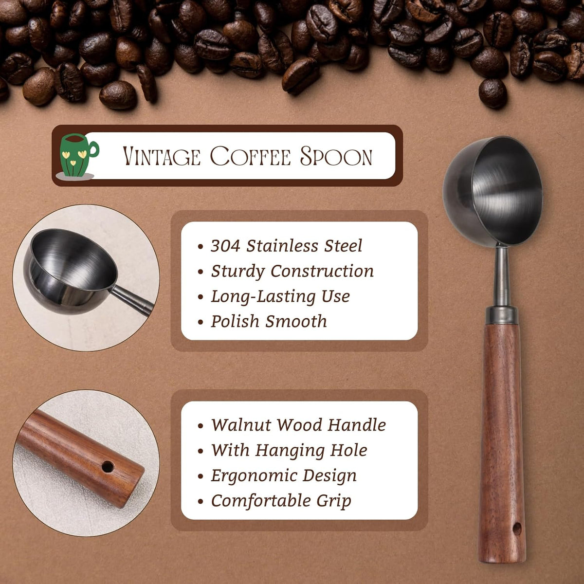 Vintage Coffee Scoop 10g/30ml Capacity Retro 304 Stainless Steel Coffee Measuring Spoon Walnut Wooden Handle Coffee Scoop Kitchen Utensil for Measuring Scooping Tea Coffee Spices (Short Handle)
